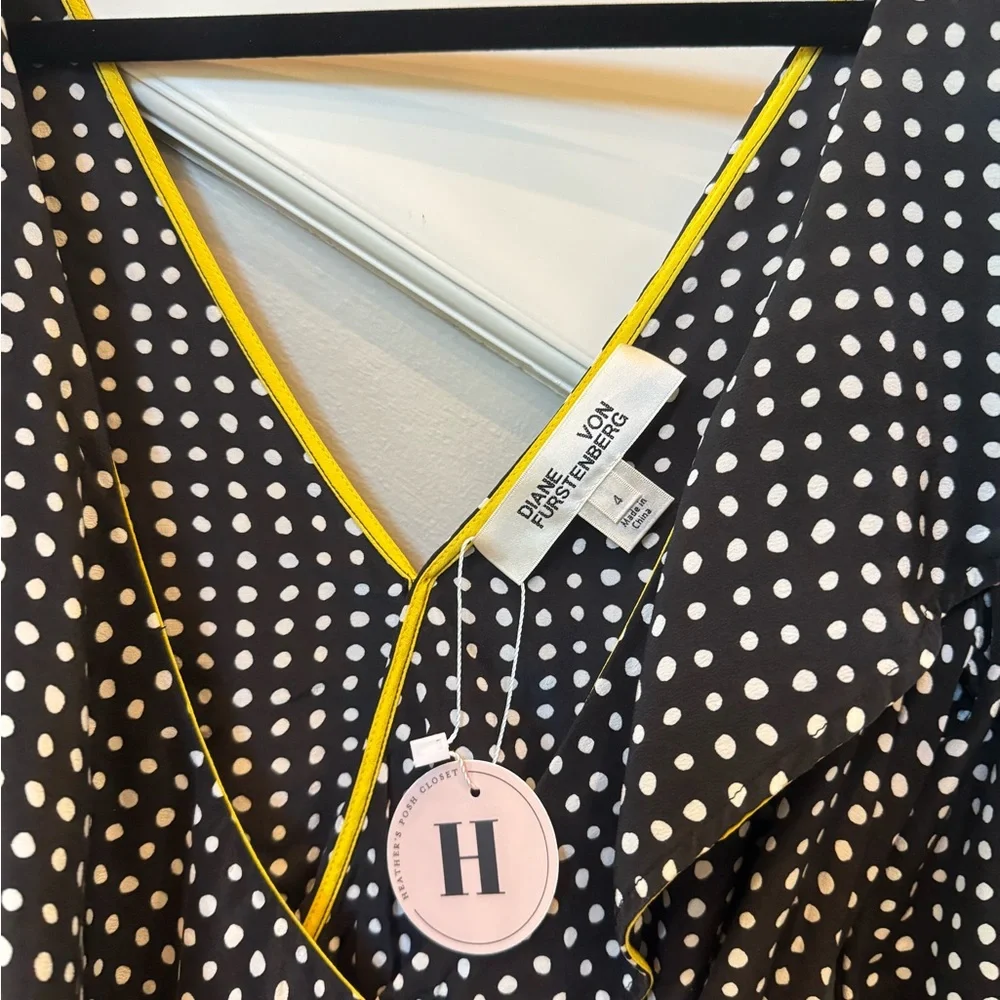 Diane Von Furstenberg Black and White Polka Dot Blouse with Yellow Trim - Picture 3 of 3